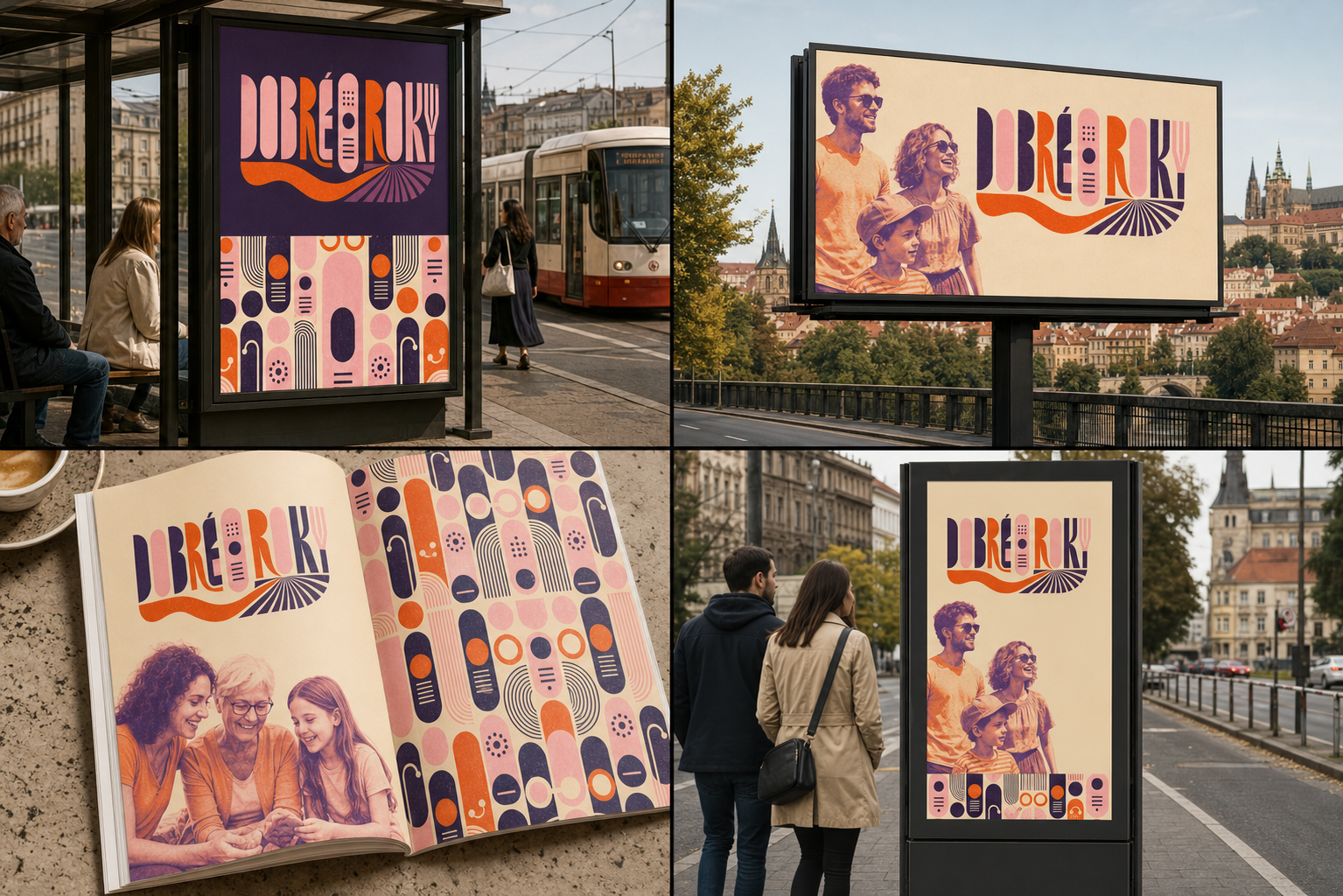 Festivalový blok a vzor Dobré roky aplikované na pražský citylight, billboard, magazín a digitální reklamu