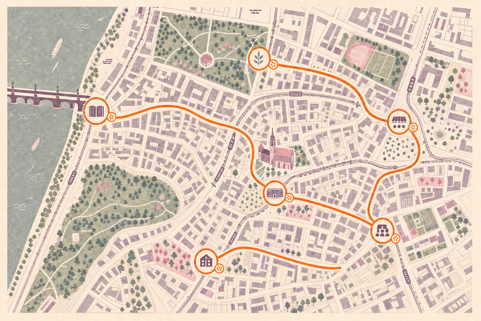 Mapa městské části s oranžovou trasou a body zájmu