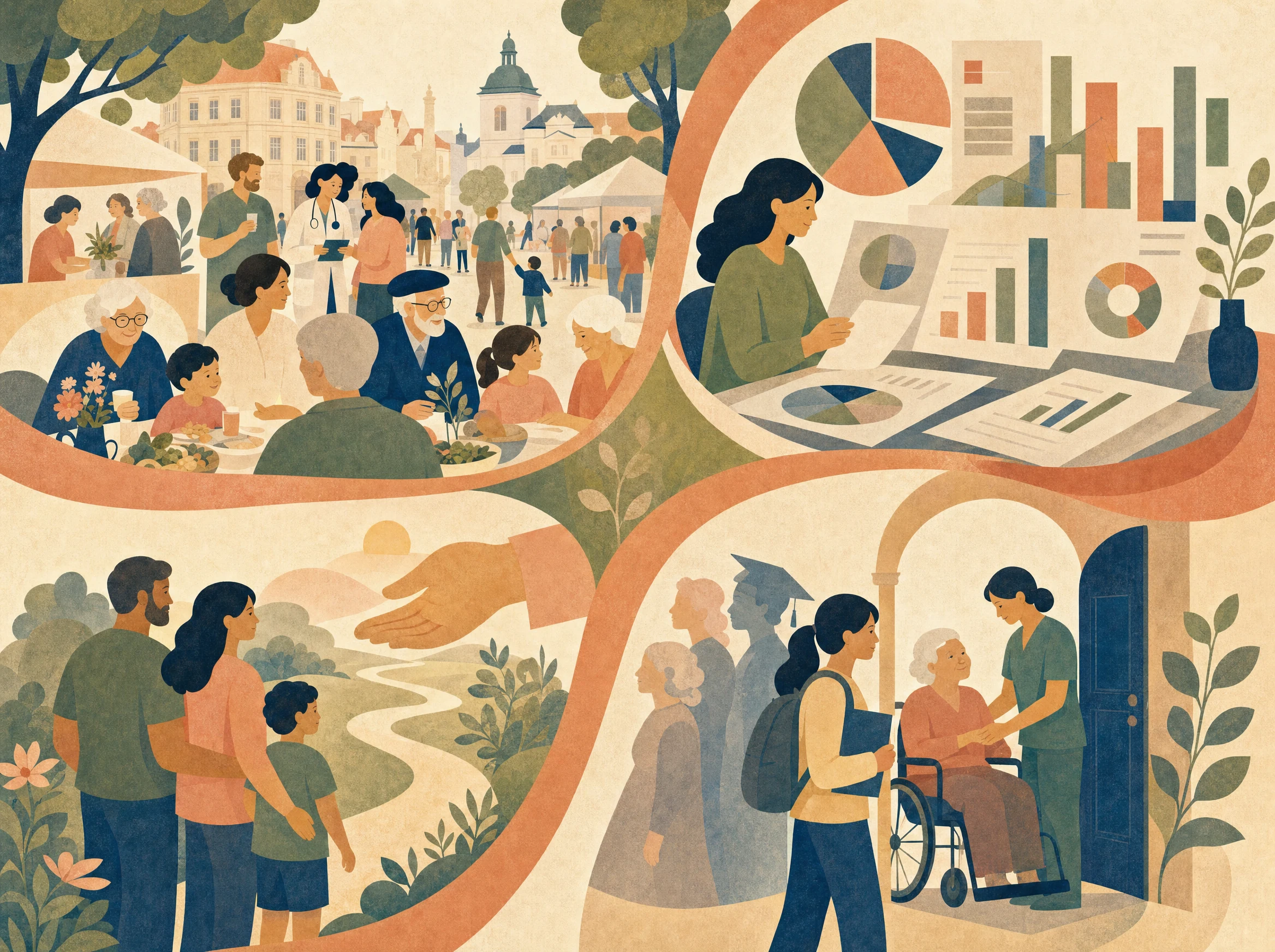 Čtyřdílná ilustrace festivalu, práce s daty, navigace rodin a cesty do profese péče