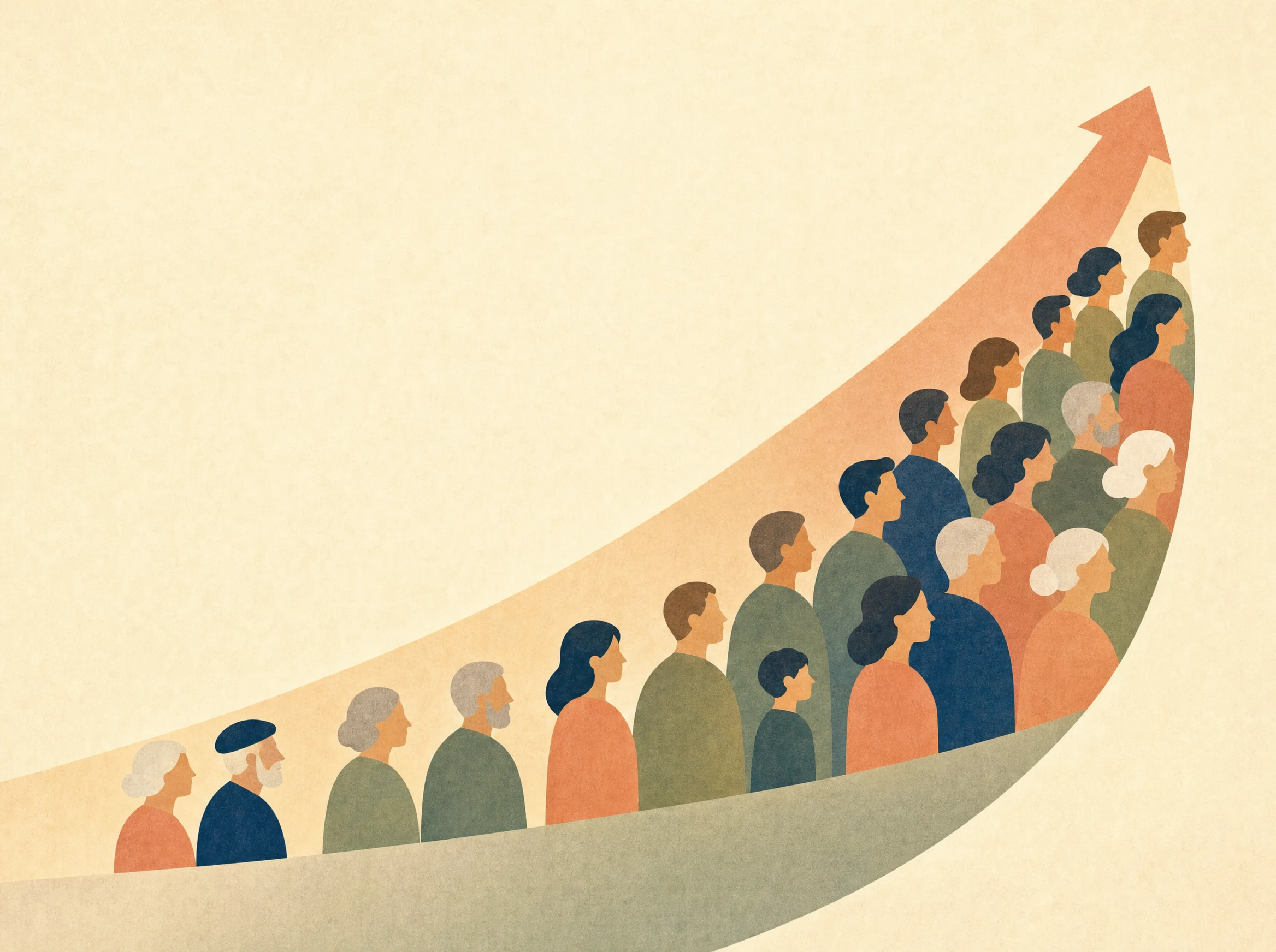 Ilustrace rostoucího podílu starších lidí v populaci na vzestupné křivce