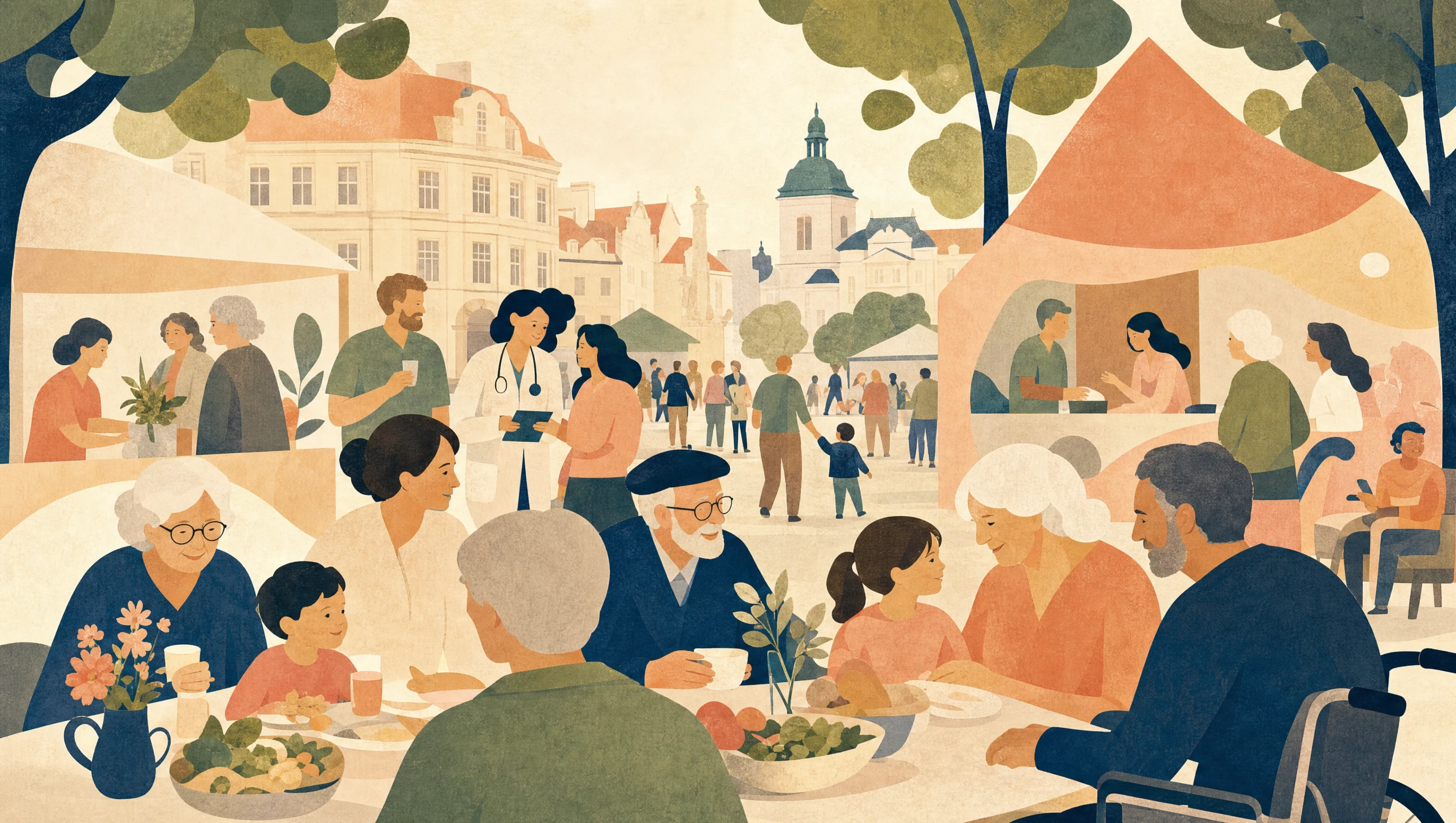 Ilustrace mezigeneračního městského festivalu s rodinami, seniory a poradenskými stánky
