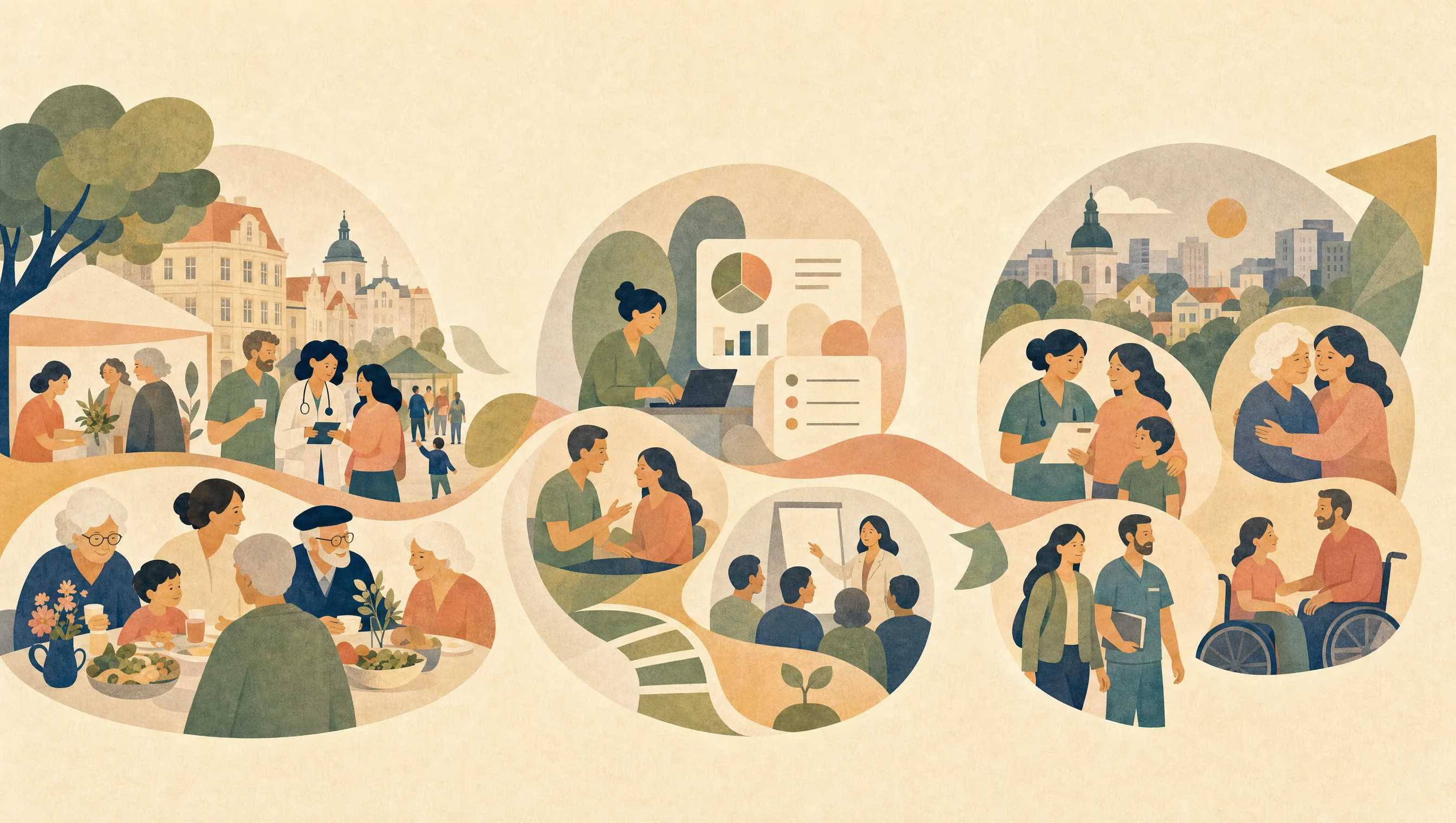 Ilustrace cesty od komunitních aktivit přes data a vzdělávání k podpořeným rodinám a připravenému městu